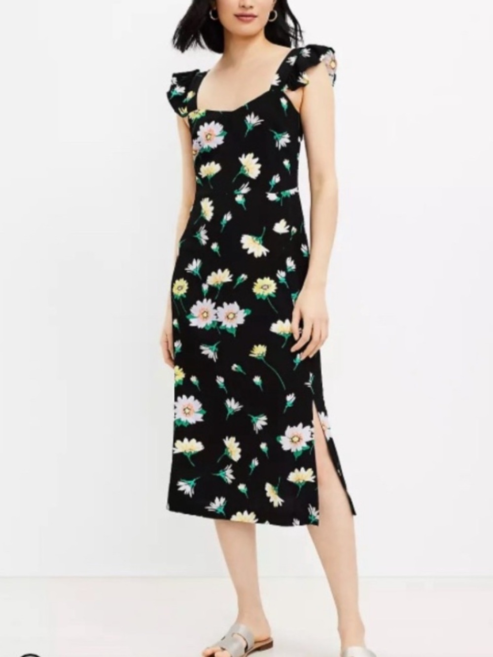 LOFT Black Midi Dress with Yellow & Pink Floral Print